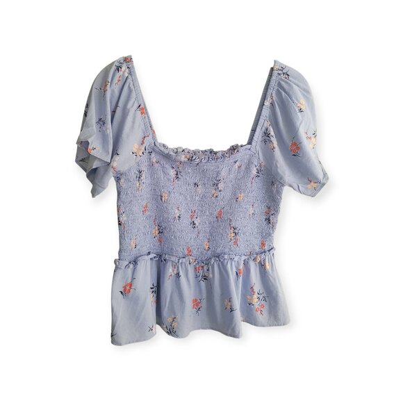 Madewell Romantic Aloha Floral Blue Smocked Flutter-Sleeve Top  size S - Picture 6 of 14